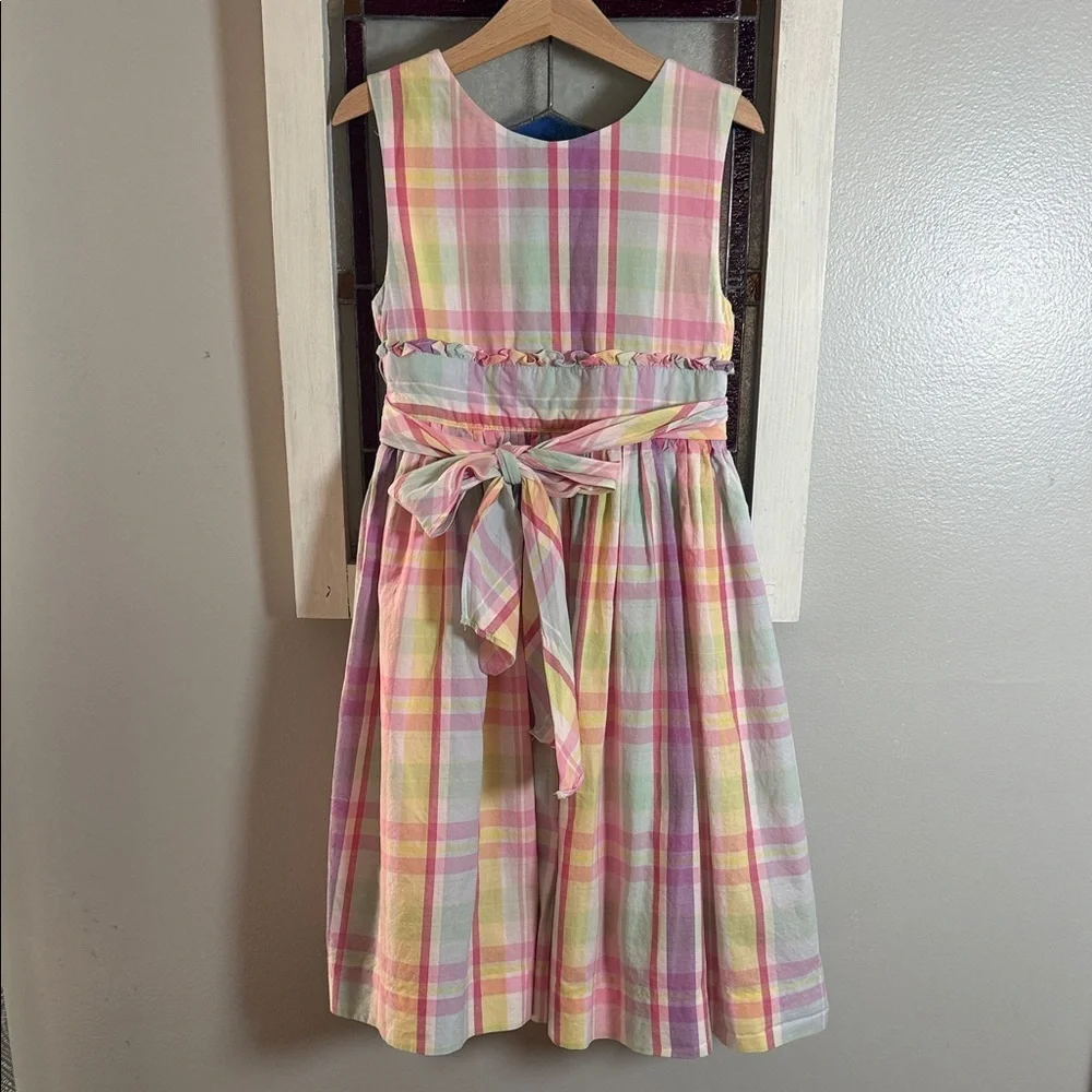 Ralph Lauren Girl’s Pastel Plaid Sleeveless Dress with Bow & Ruffle Trim Size 6X